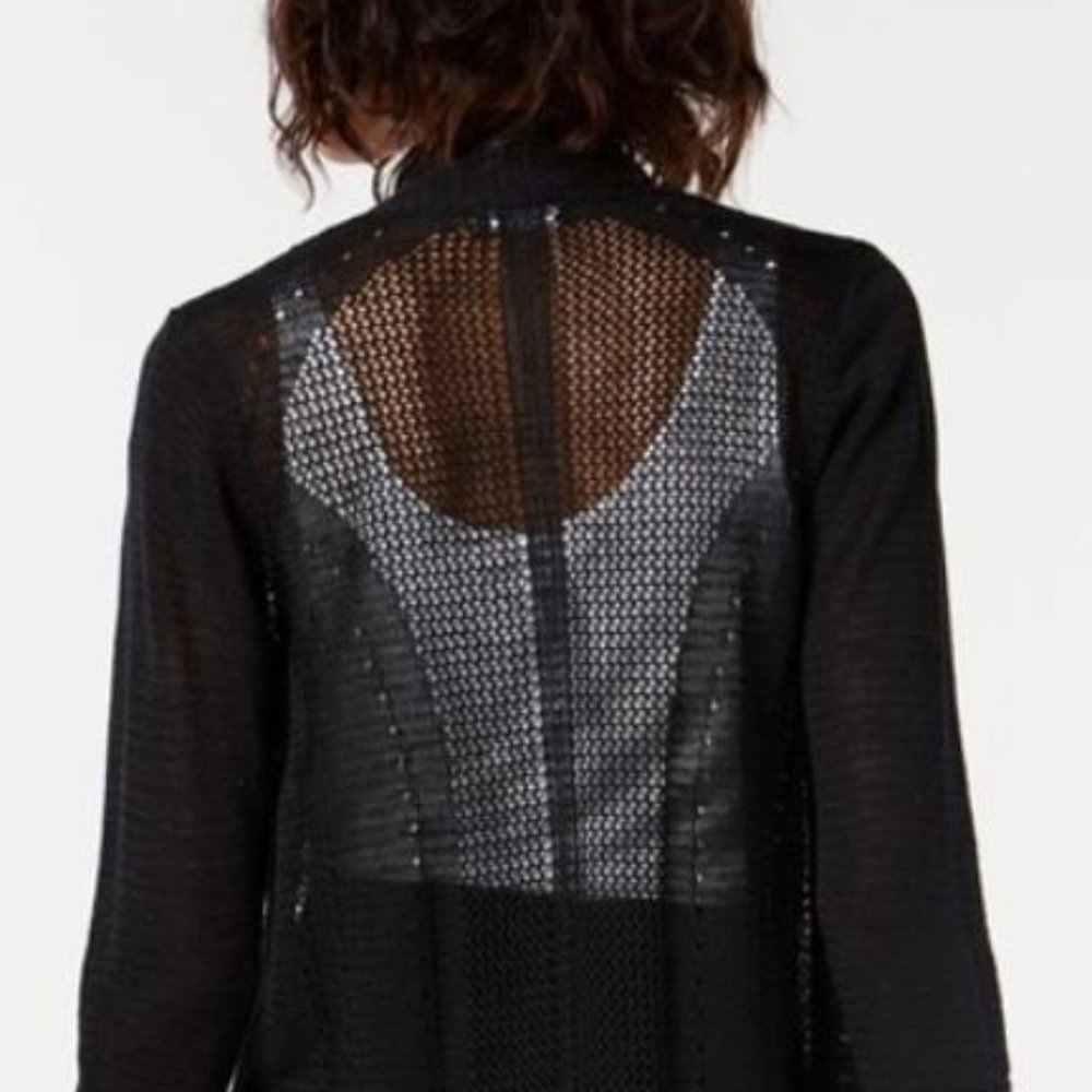 Alfani Black Open Weave Mixed Stitch Raglan Open Front Petite Cardigan